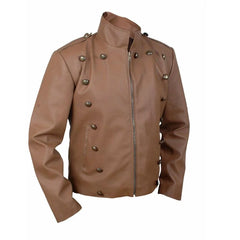 Men's Brown Leather Jacket with Epaulets