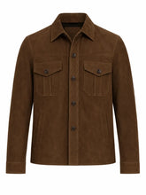 Men’s Brown Suede Leather Shirt Jacket Front