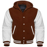 Men's Brown and White Hooded Varsity Jacket