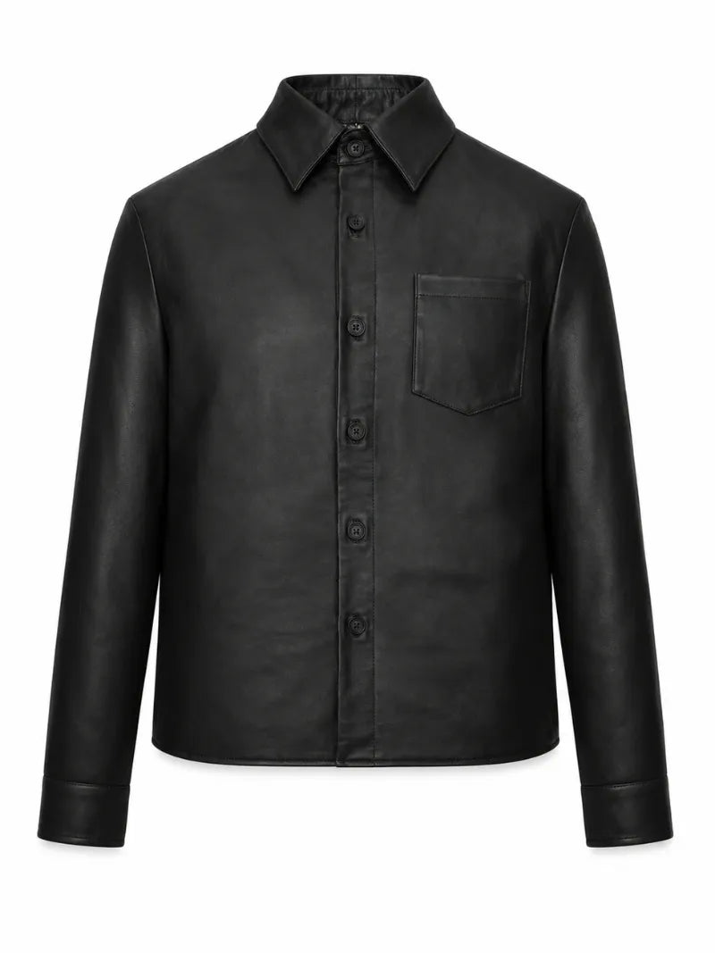 Men’s Classic Black Leather Shirt Jacket Front