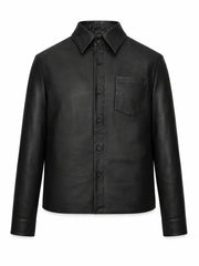 Men’s Classic Black Leather Shirt Jacket Front