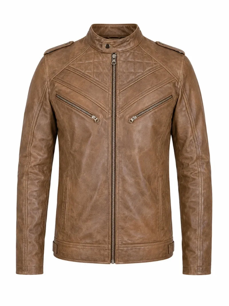 Men’s Classic Brown Quilted Leather Jacket Front