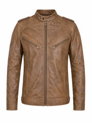 Men’s Classic Brown Quilted Leather Jacket Front
