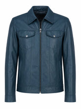 Men's Classic Teal Leather Zip Jacket Front