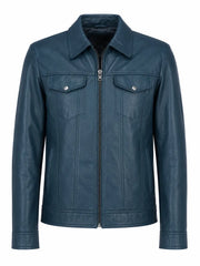 Men's Classic Teal Leather Zip Jacket Front