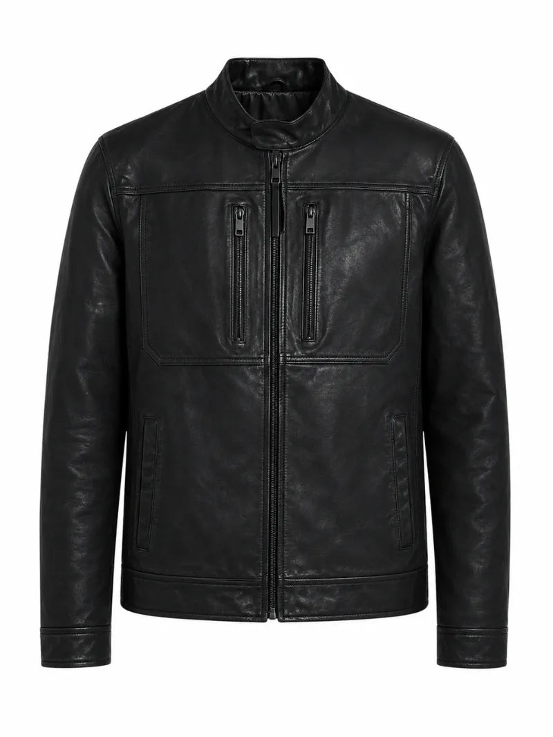 Men’s Classic Zip Black Leather Jacket Front