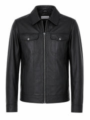 Men's Dark Black Leather Jacket Front
