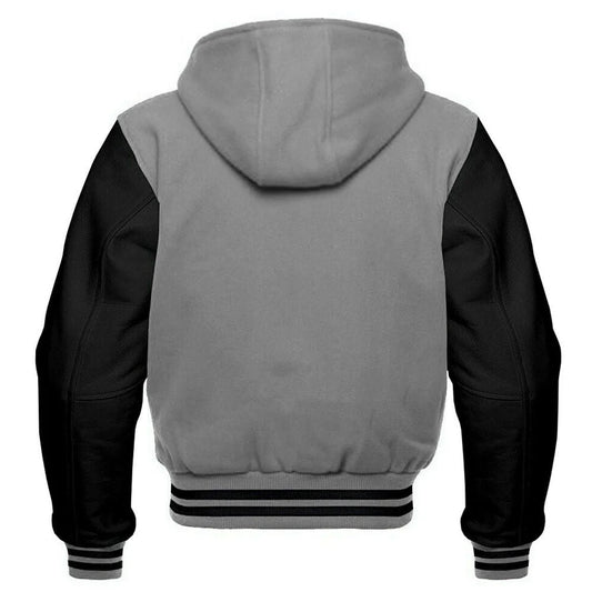 Men's Gray and Black Hooded Varsity Jacket