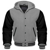 Men's Gray and Black Hooded Varsity Jacket