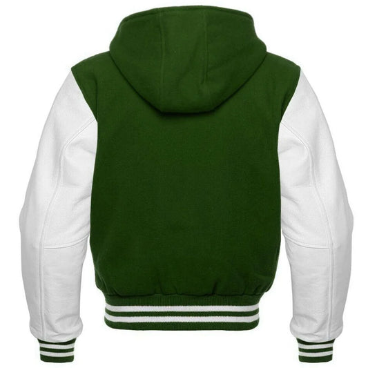 Men's Green and White Hooded Varsity Jacket
