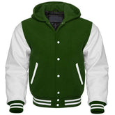 Men's Green and White Hooded Varsity Jacket