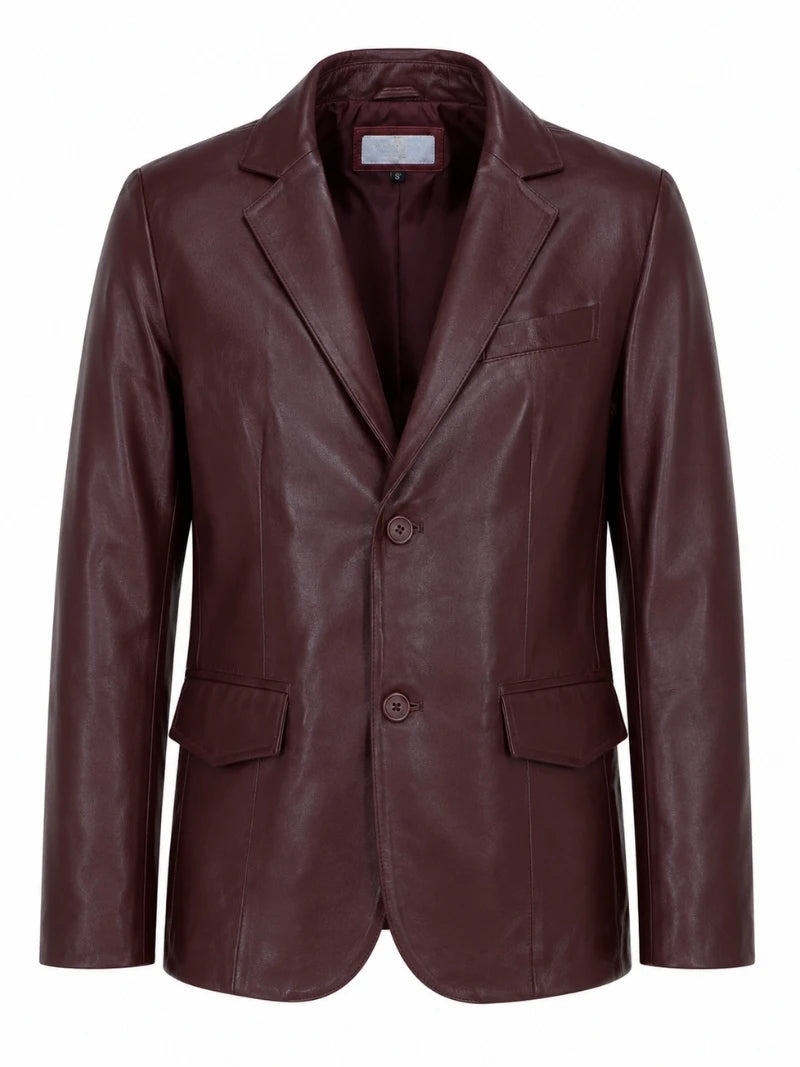 Men's Maroon Leather Blazer Jacket Front