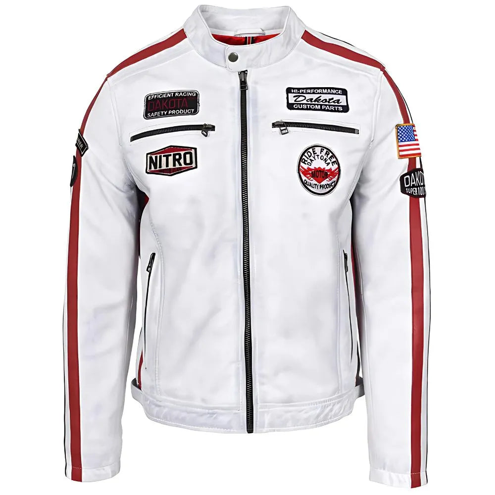 Men's Nitro White Leather Biker Jacket