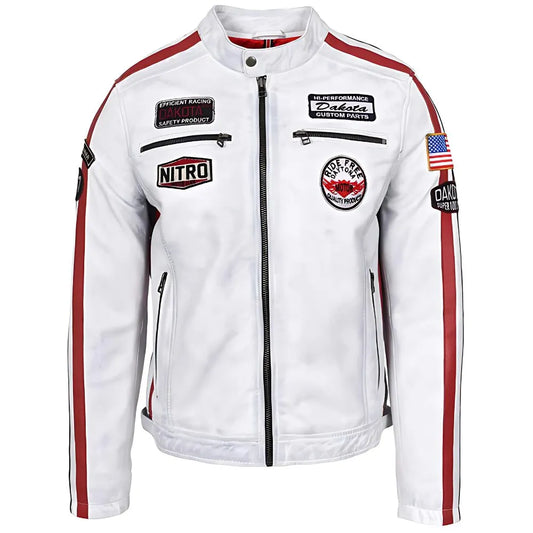 Men's Nitro White Leather Biker Jacket