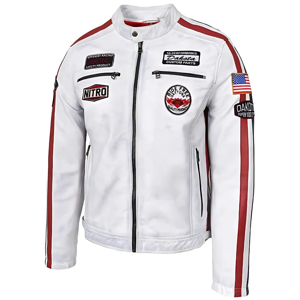 Men's Nitro White Leather Biker Jacket