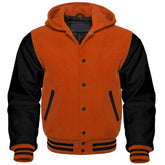 Men's Orange and Black Hooded Varsity Jacket