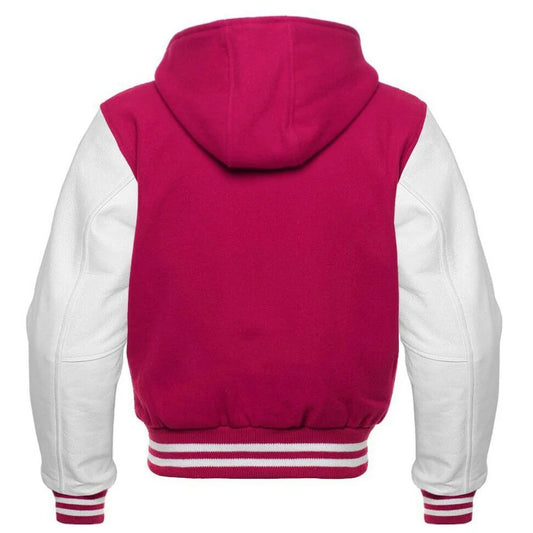 Men's Dark Pink and White Hooded Varsity Jacket