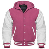 Men's Pink and White Hooded Varsity Jacket