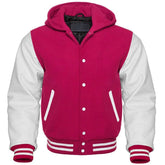 Men's Dark Pink and White Hooded Varsity Jacket