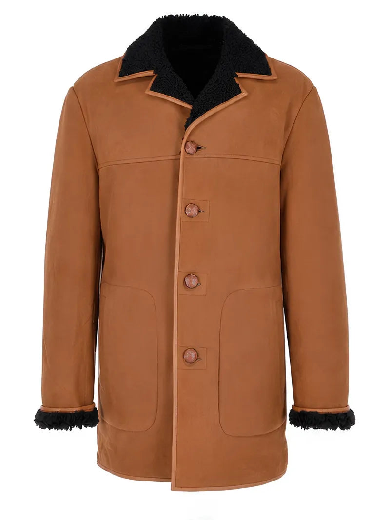 Men’s Shearling Lined Brown And Black Suede Coat Front