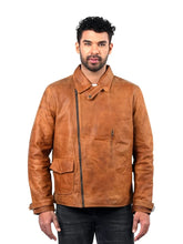 Men’s Tan Asymmetrical Zip Leather Jacket Front