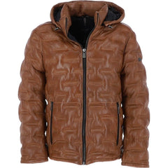 Men’s Tan Quilted Leather Hooded Puffer Jacket