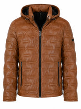 Men’s Tan Quilted Polyester Hooded Puffer Jacket Front