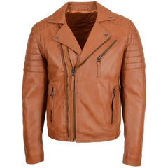 Men's Tan Quilted Sleeve Asymmetrical Leather Biker Jacket