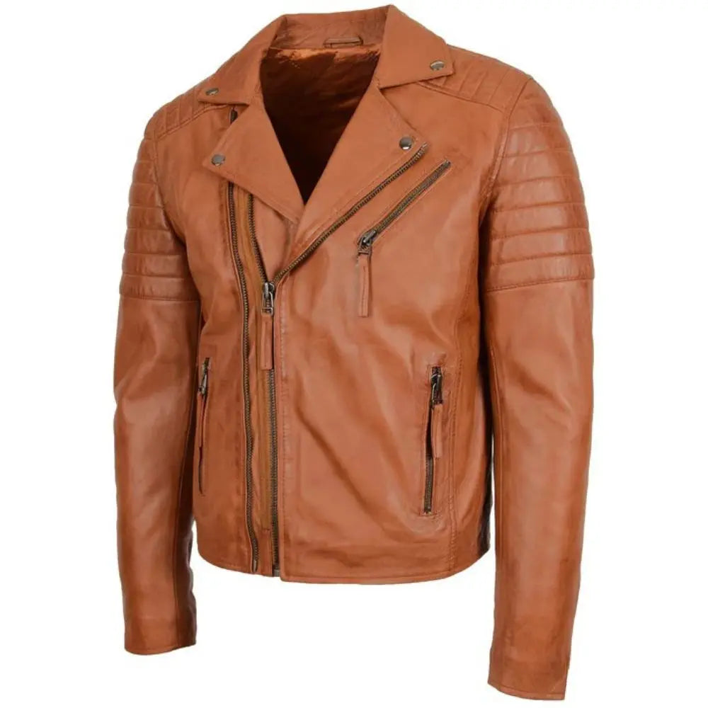 Men's Tan Quilted Sleeve Asymmetrical Leather Biker Jacket