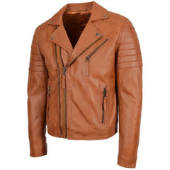 Men's Tan Quilted Sleeve Asymmetrical Leather Biker Jacket