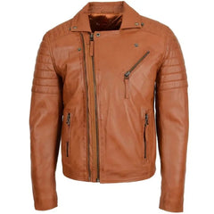 Men's Tan Quilted Sleeve Asymmetrical Leather Biker Jacket