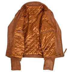Men's Tan Quilted Sleeve Asymmetrical Leather Biker Jacket