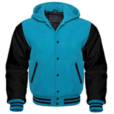 Men's Teal and Black Hooded Varsity Jacket