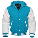 Men's Teal and White Hooded Varsity Jacket