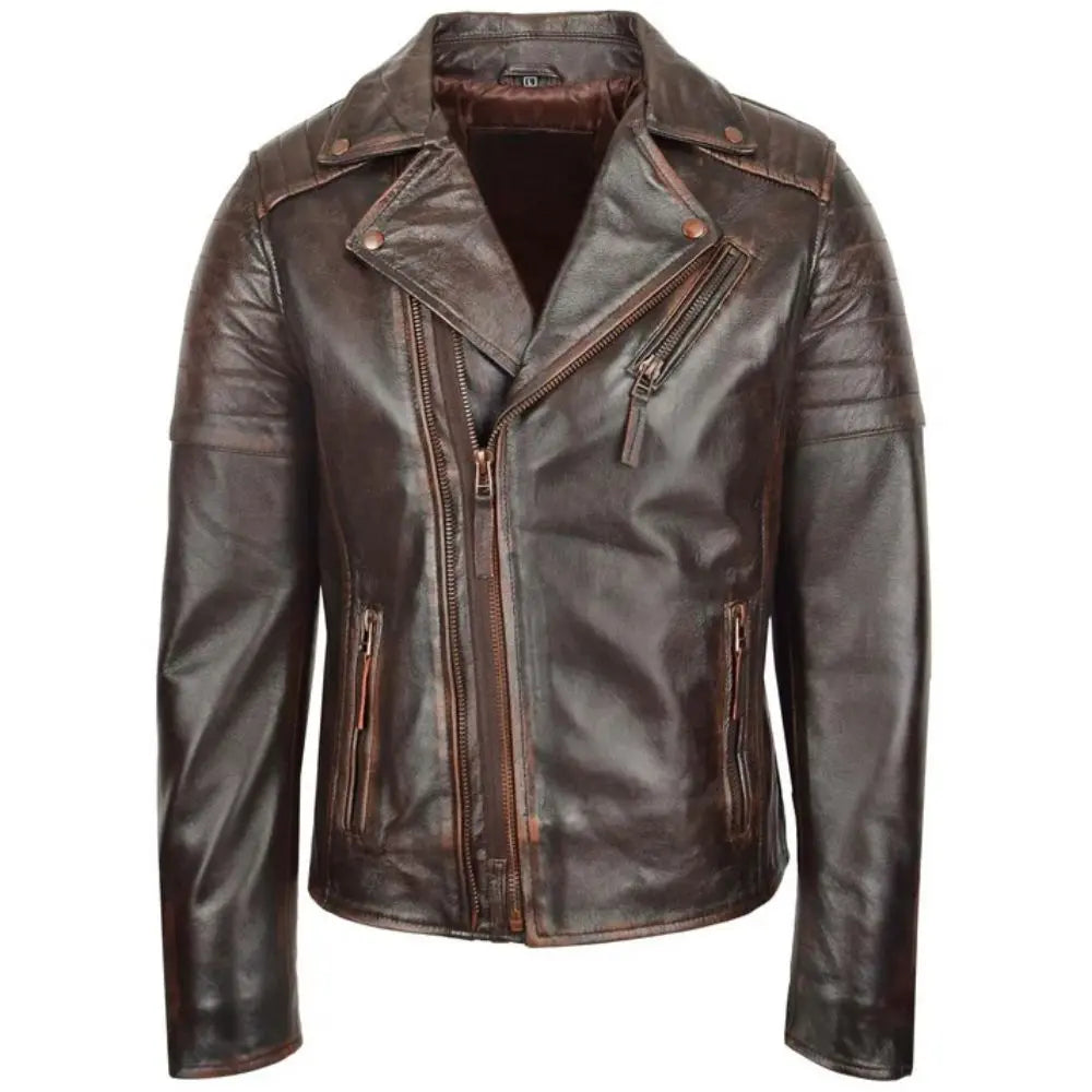 Men's Vintage Brown Asymmetrical Leather Biker Jacket