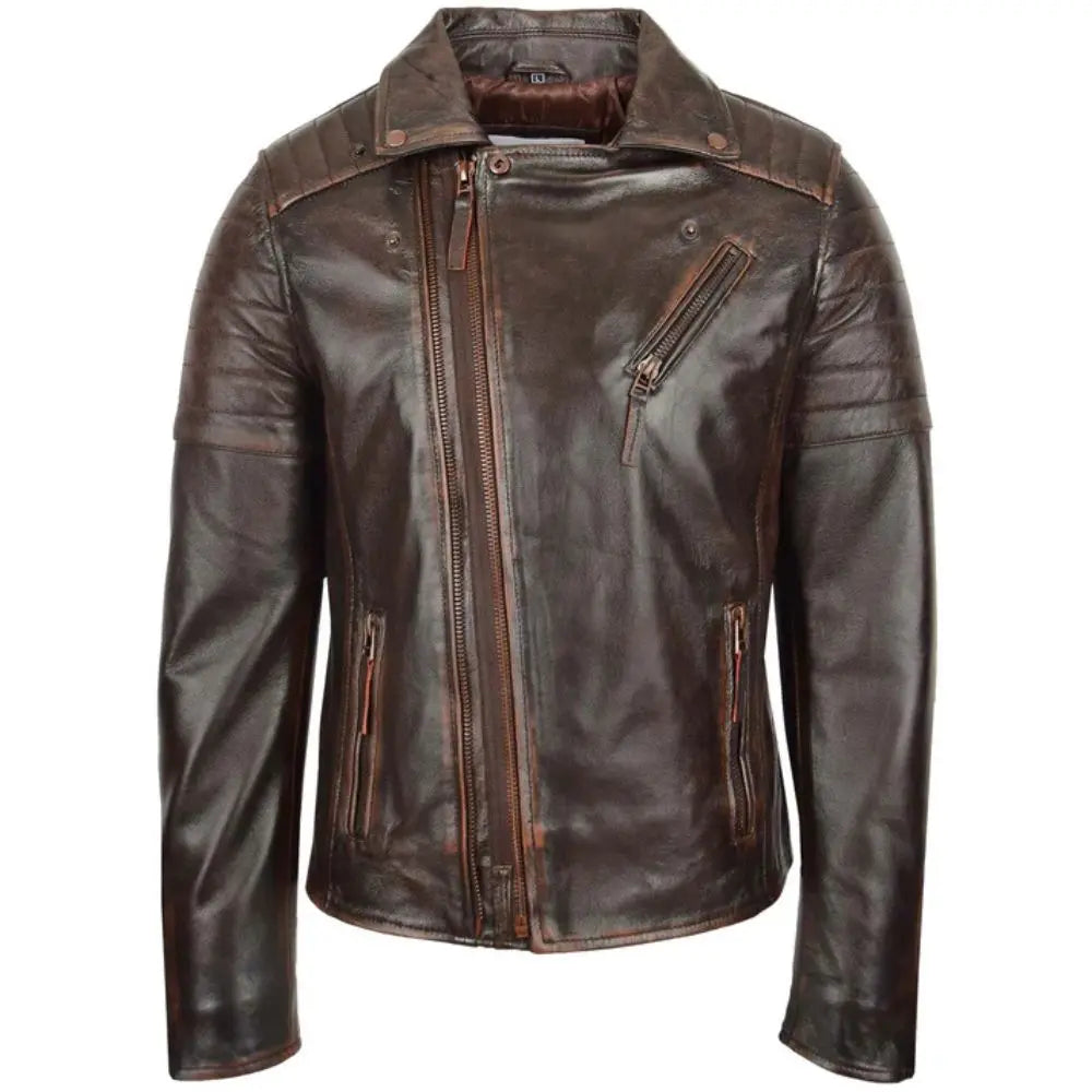 Men's Vintage Brown Asymmetrical Leather Biker Jacket