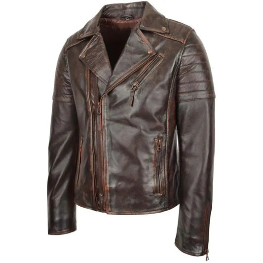 Men's Vintage Brown Asymmetrical Leather Biker Jacket