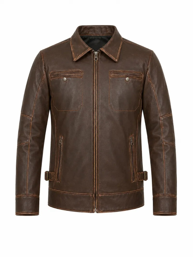 Men’s Vintage Brown Leather Shirt Collar Jacket Front