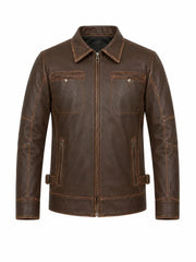 Men’s Vintage Brown Leather Shirt Collar Jacket Front