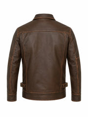 Men’s Vintage Brown Leather Shirt Collar Jacket Back