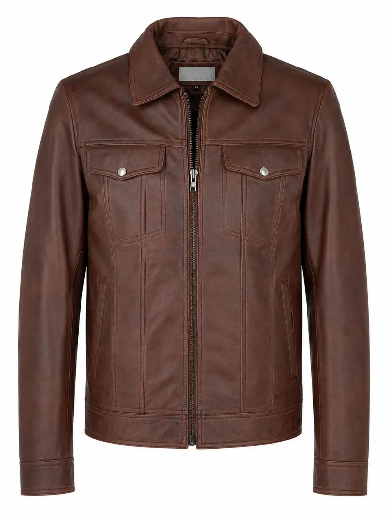 Men's Vintage Brown Leather Zip-Up Jacket Front