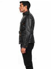 Men's black sheepskin leather jacket, side view