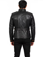 Men's black sheepskin leather jacket, back view
