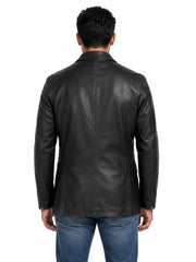 Men's black sheepskin leather blazer, back view