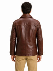 Men's brown sheepskin leather shirt jacket, back view