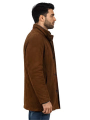 Men's brown premium suede leather coat, side view
