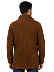 Men's brown premium suede leather coat, back view