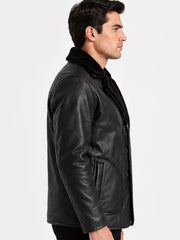 Men's brown sheepskin leather coat, side view