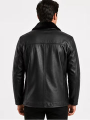 Men's brown sheepskin leather coat, back view
