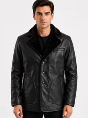 Men's brown sheepskin leather coat, front view